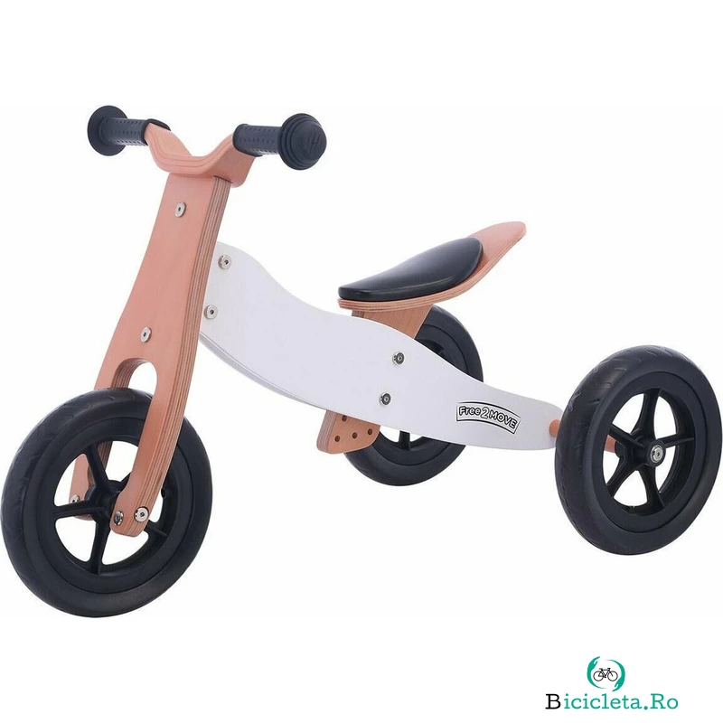 Bicicleta/tricicleta fara pedale din lemn, 2 in 1, Functie de bicicleta echilibru, Sa reglabila, Manere antiderapante, Roti ajustabile, 18 luni – 3 ani, Free2Move, Brown White