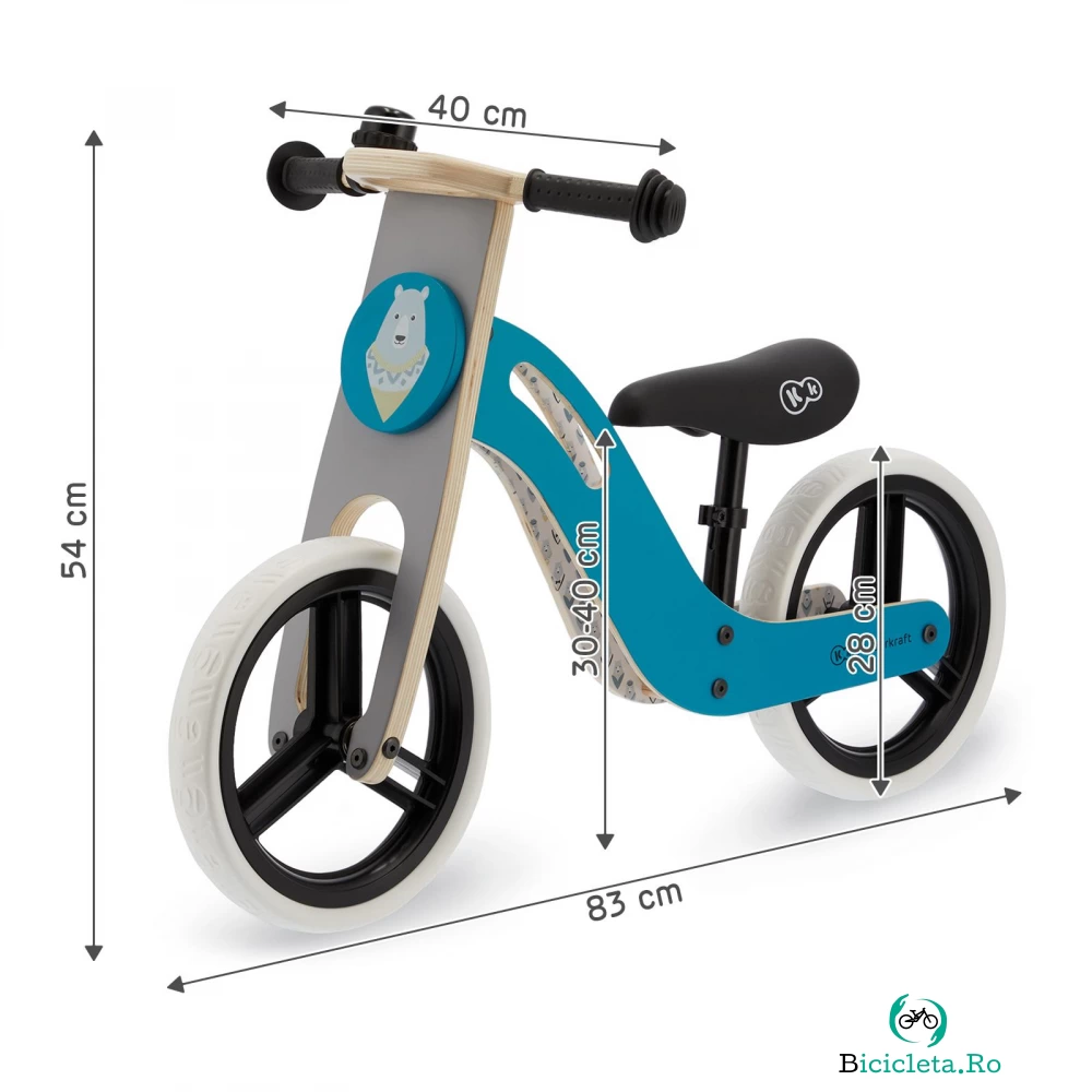 Bicicleta de echilibru din lemn Kinderkraft Uniq Turqouise cu scaun moale reglabil, roti din spuma EVA, maner pentru transport, pana la 35 kg