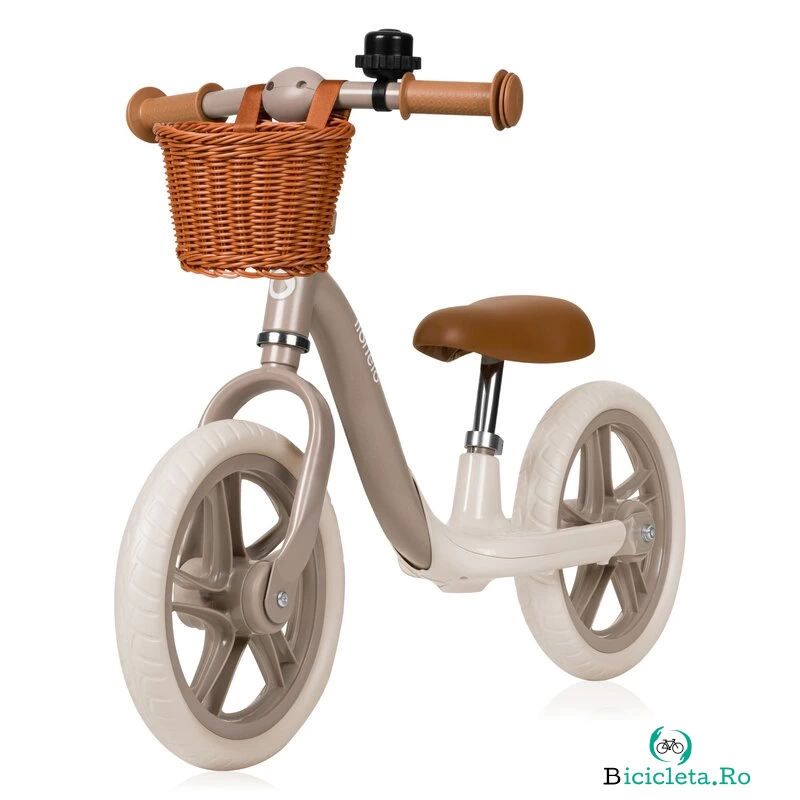 Bicicleta fara pedale, Lionelo, Alex Plus, Usoara, Cu ghidon si sa reglabile, Include cos depozitare si sonerie, Din otel, Cu roti din spuma EVA, 12 inch, Beige Sand