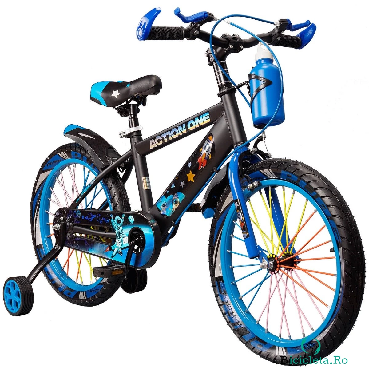 Bicicleta cu roti ajutatoare si bidon pentru apa Nova II, Action One, 18 inch, Albastru